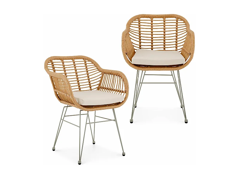 Lot de 2 chaises de jardin PARAMO, imitation rotin brun et beige fauteuil d'extérieur pour terrasse ou balcon