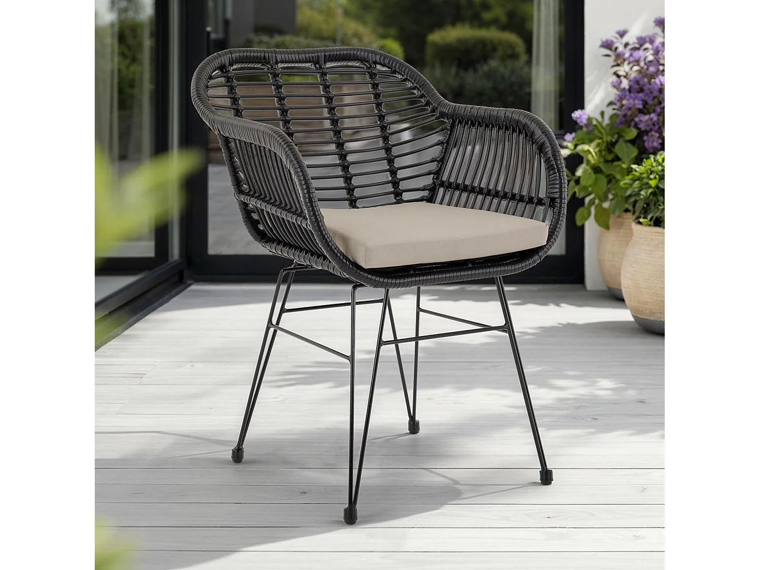 Lot de 2 chaises de jardin PARAMO, imitation rotin noir et beige fauteuil d'extérieur pour terrasse ou balcon