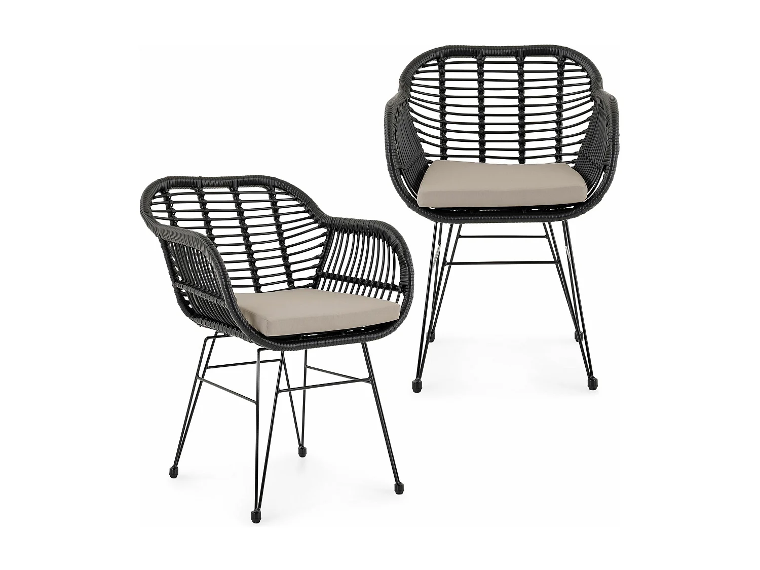 Lot de 2 chaises de jardin PARAMO, imitation rotin noir et beige fauteuil d'extérieur pour terrasse ou balcon