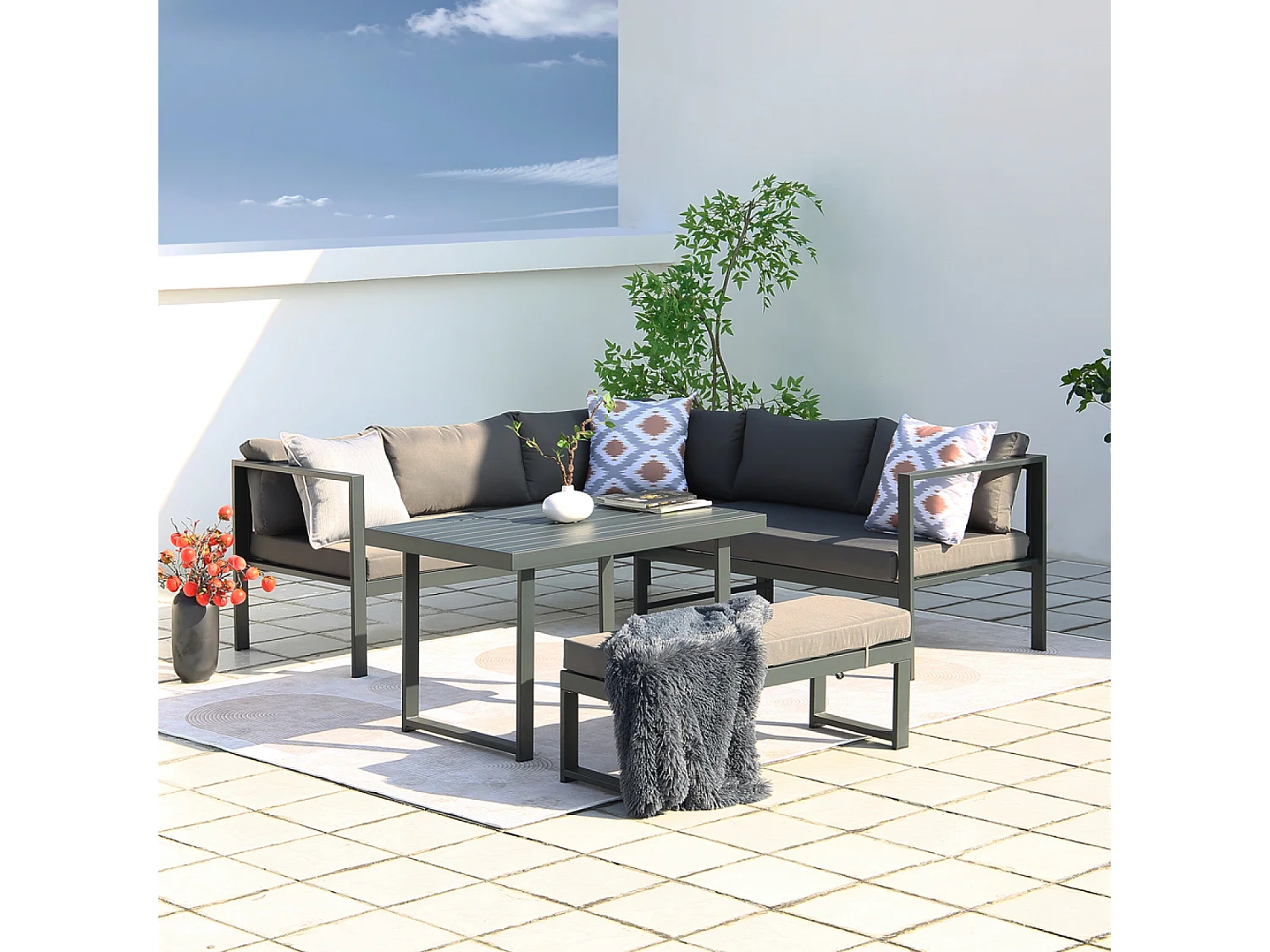 salon de jardin panoramique 8 places en résine tressée noir et gris MARBELLA