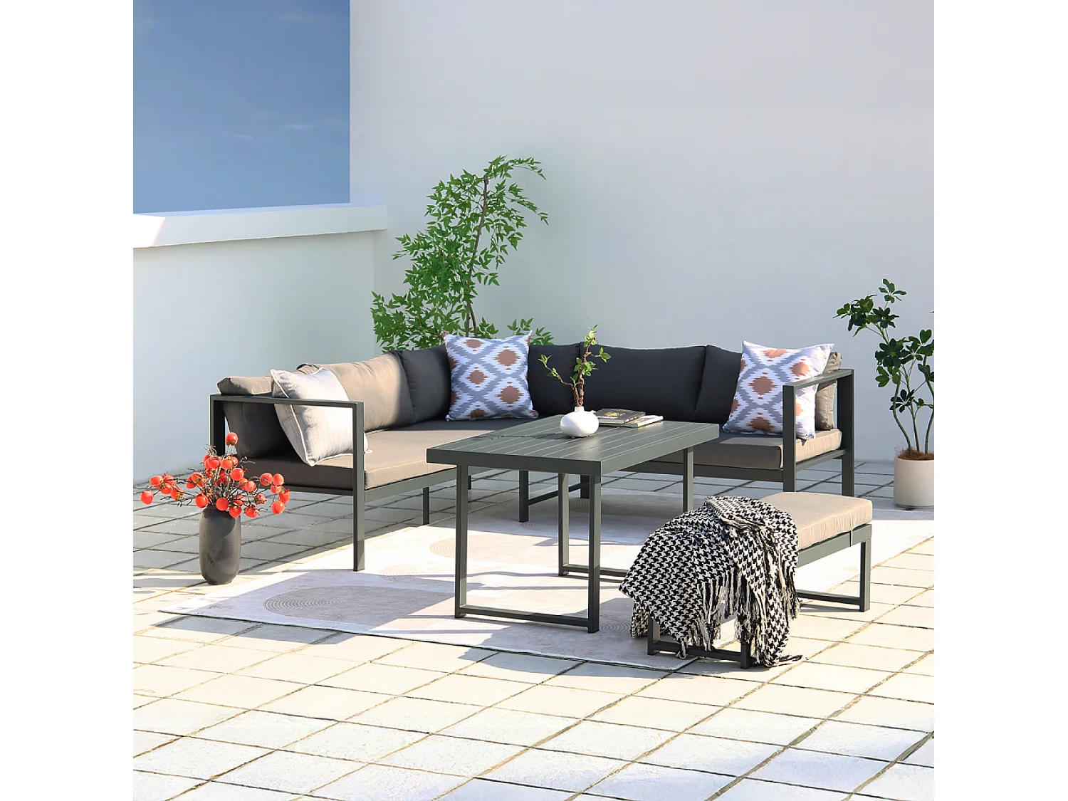 Salón de jardín panorámico 8 plazas de resina tejida negra y gris MARBELLA