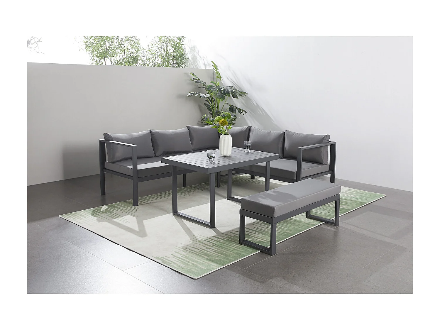 Salón de jardín panorámico 8 plazas de resina tejida negra y gris MARBELLA