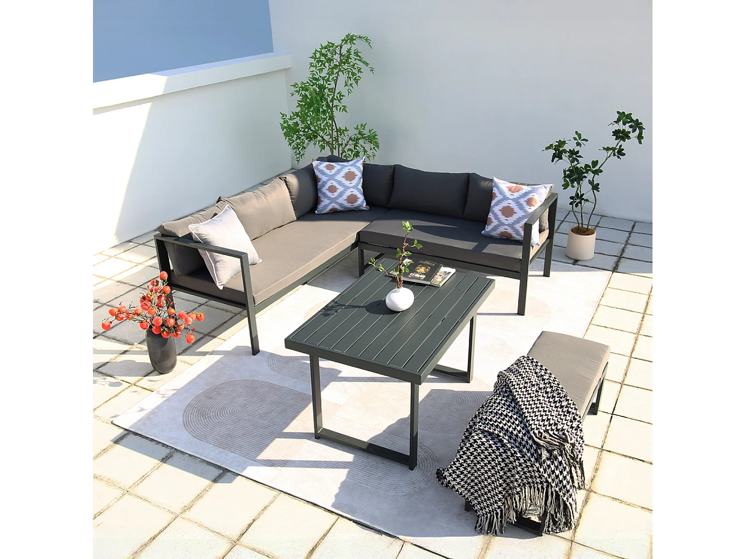 Salón de jardín panorámico 8 plazas de resina tejida negra y gris MARBELLA