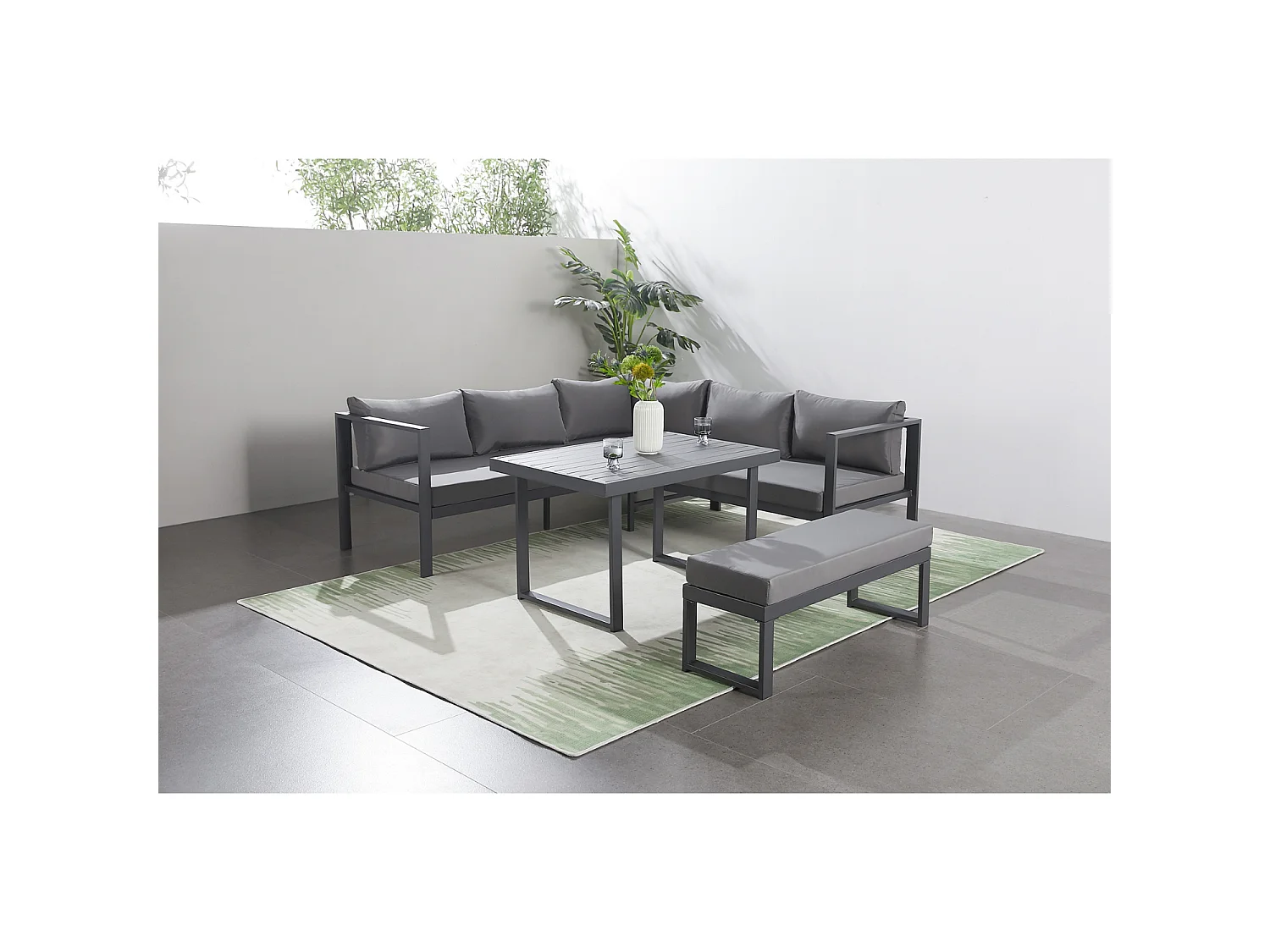 Salón de jardín panorámico 8 plazas de resina tejida negra y gris MARBELLA