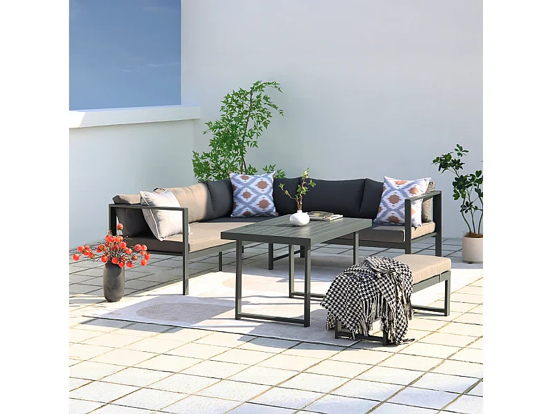 Salón de jardín panorámico 8 plazas de resina tejida negra y gris MARBELLA