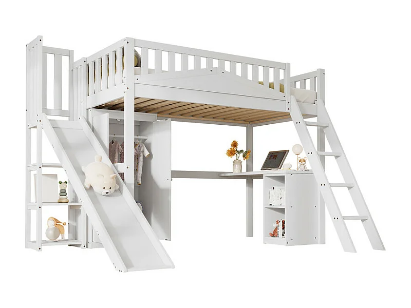 Mezzanine bed 90 x 200 cm met kantoor en glijbaan, garderobe - 5 planken - Pin+MDF+multiplex - wit