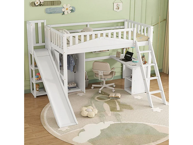 Mezanine Bed 90 x 200 cm com escritório e slide, guarda -roupa - 5 prateleiras - Pino+MDF+compensado - branco