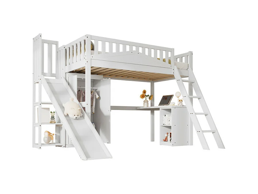 Lit mezzanine 90 x 200 cm avec bureau et toboggan, garde-robe - 5 étagères - Pin+MDF+contreplaqué - Blanc