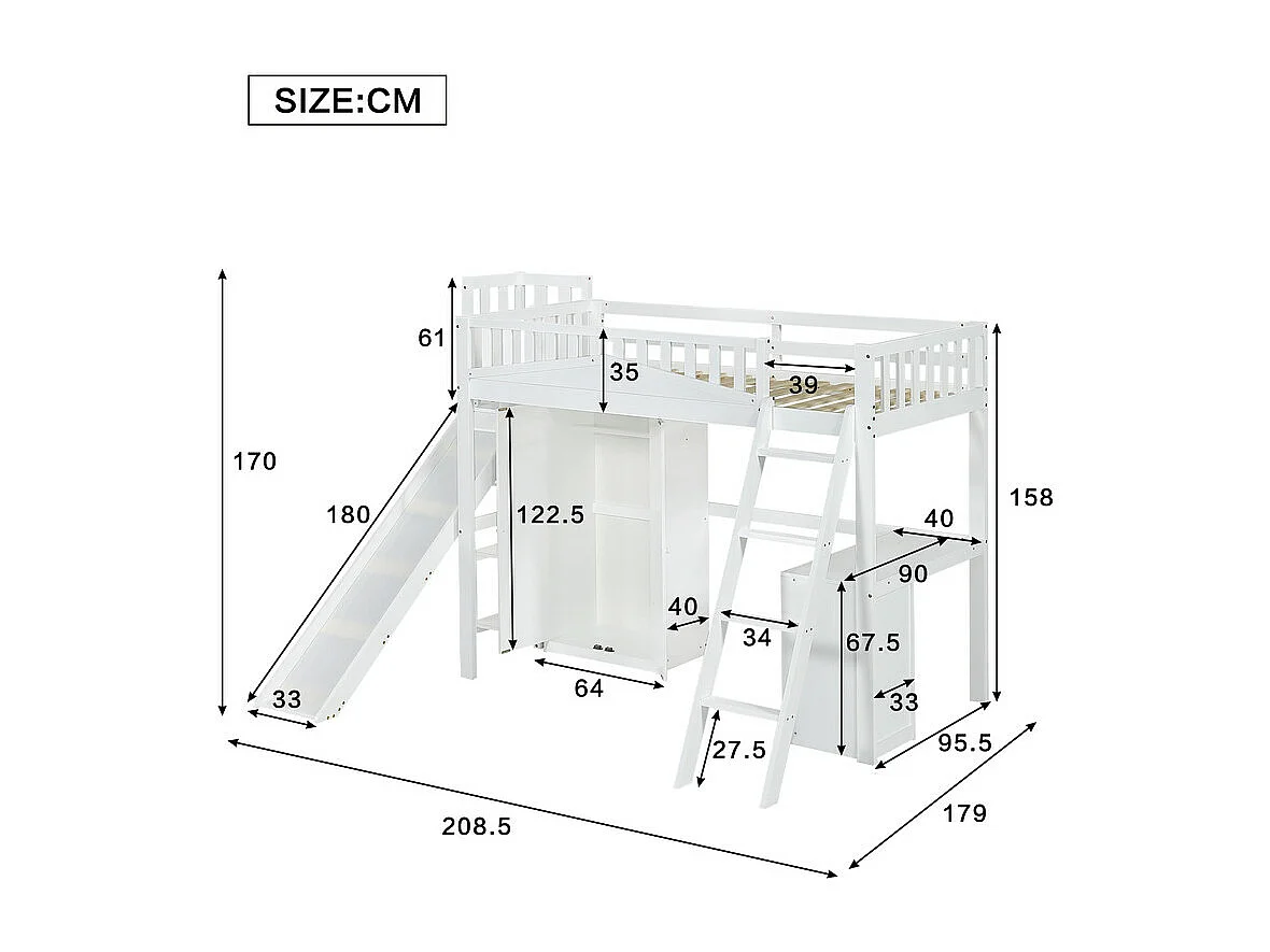 Lit mezzanine 90 x 200 cm avec bureau et toboggan, garde-robe - 5 étagères - Pin+MDF+contreplaqué - Blanc