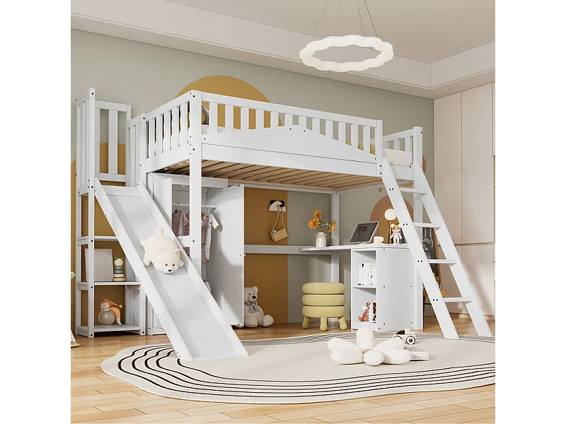 Lit mezzanine 90 x 200 cm avec bureau et toboggan, garde-robe - 5 étagères - Pin+MDF+contreplaqué - Blanc