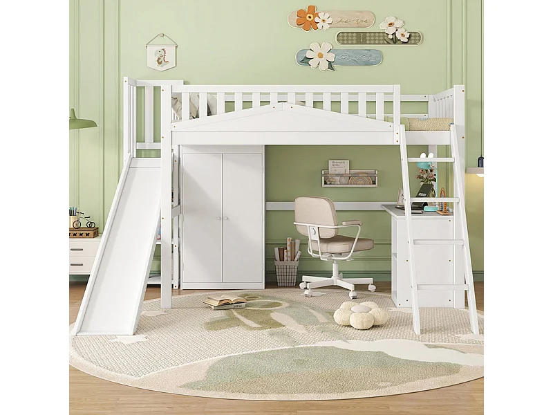 Lit mezzanine 90 x 200 cm avec bureau et toboggan, garde-robe - 5 étagères - Pin+MDF+contreplaqué - Blanc