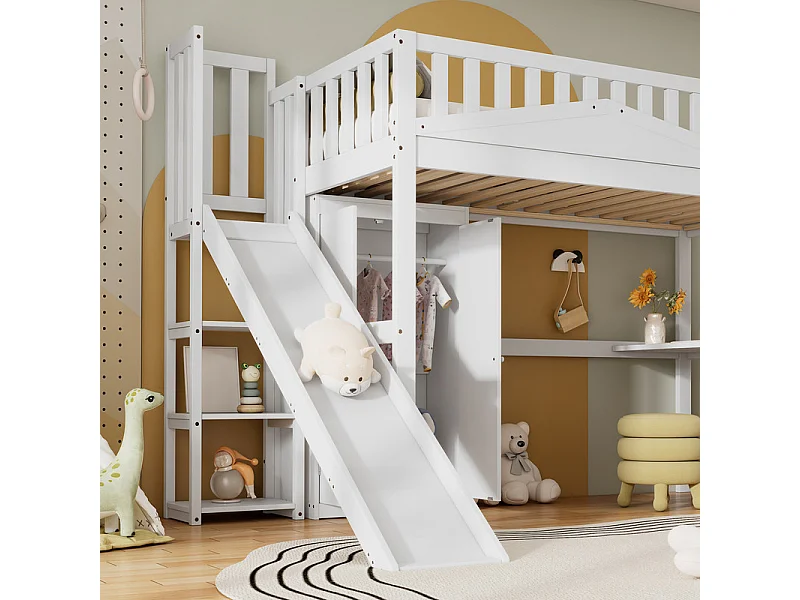 Lit mezzanine 90 x 200 cm avec bureau et toboggan, garde-robe - 5 étagères - Pin+MDF+contreplaqué - Blanc