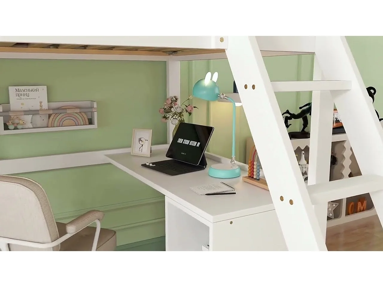 Lit mezzanine 90 x 200 cm avec bureau et toboggan, garde-robe - 5 étagères - Pin+MDF+contreplaqué - Blanc