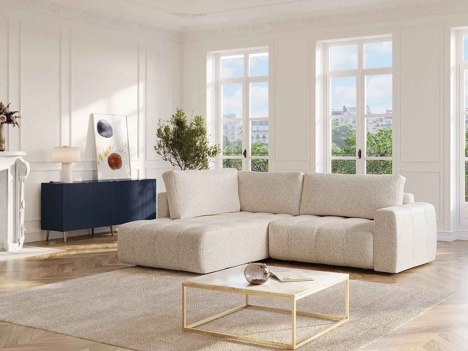 Canapé d'angle gauche en tissu chiné beige LORIONA