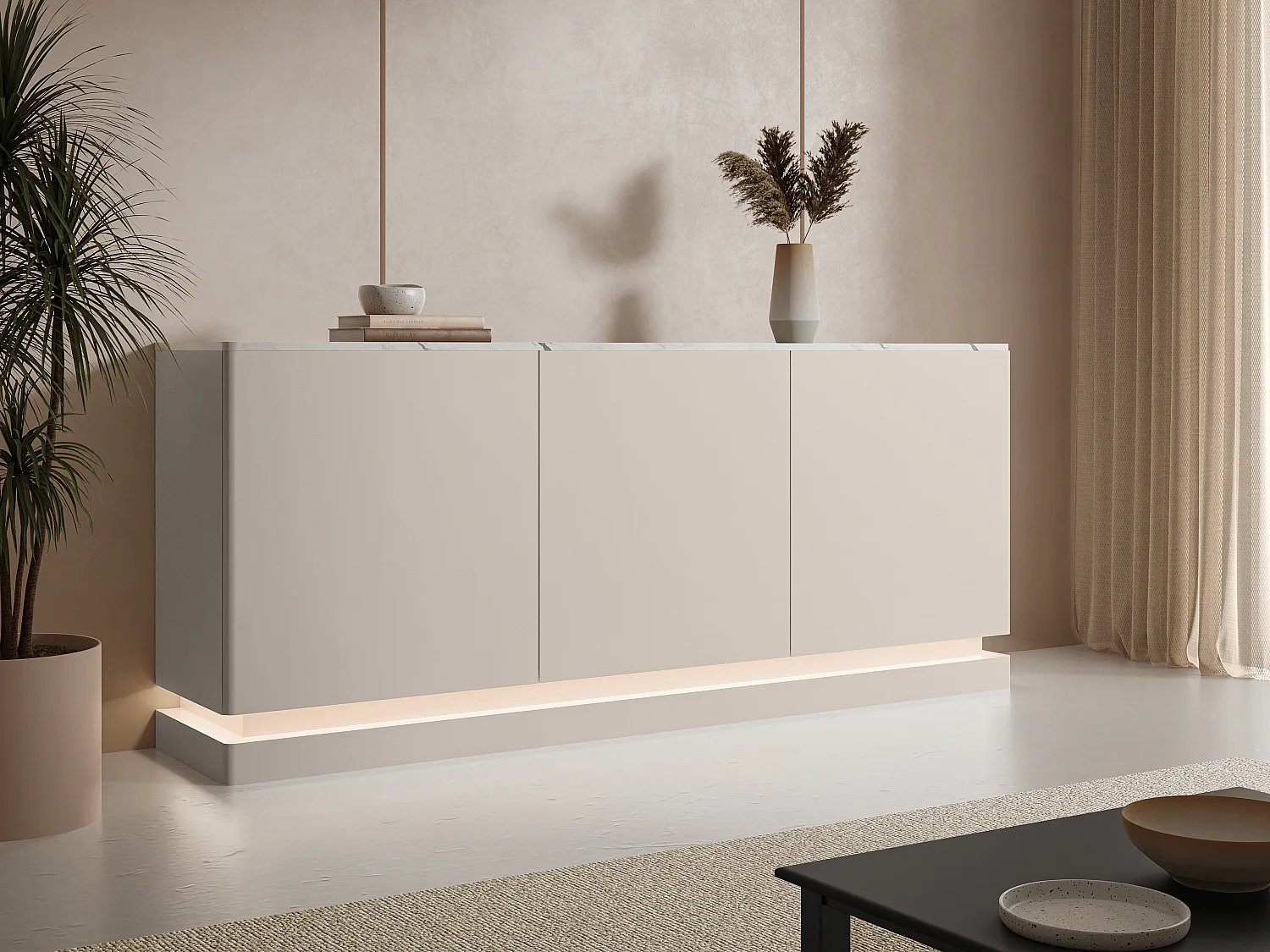 Buffet 3 portes avec LEDs en MDF - Beige et effet marbre blanc - DEVIKA de Pascal MORABITO