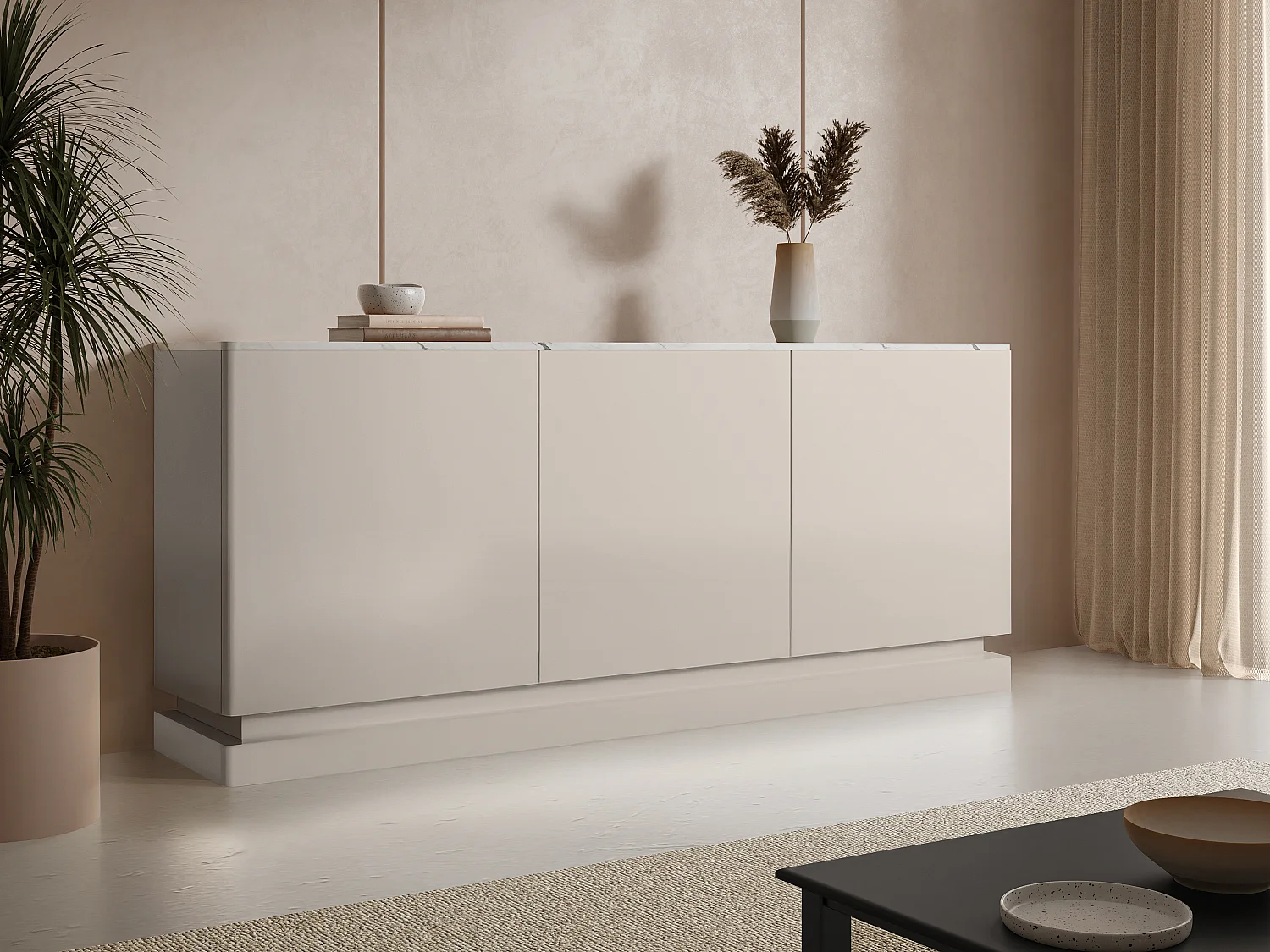 Buffet 3 portes avec LEDs en MDF - Beige et effet marbre blanc - DEVIKA de Pascal MORABITO