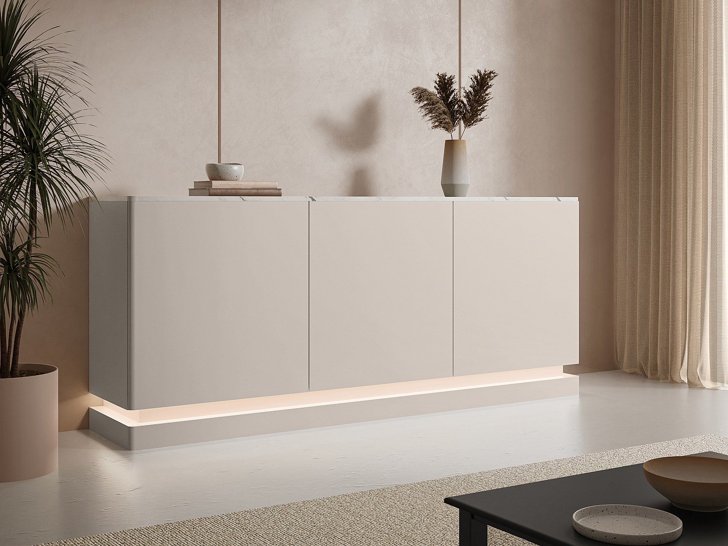 Sideboard mit 3 Türen - Mit LED-Beleuchtung - MDF - Beige & weiße Marmor-Op günstig online kaufen