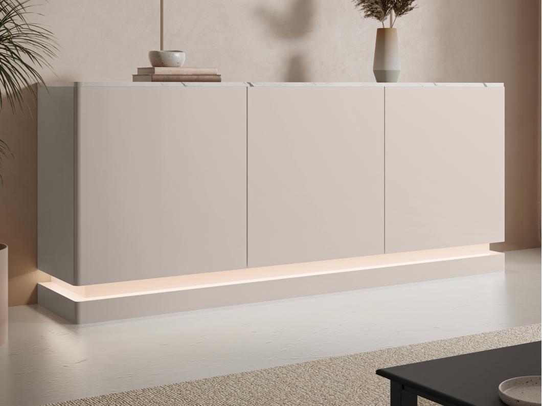 Buffet 3 portes avec LEDs en MDF - Beige et effet marbre blanc - DEVIKA de Pascal MORABITO