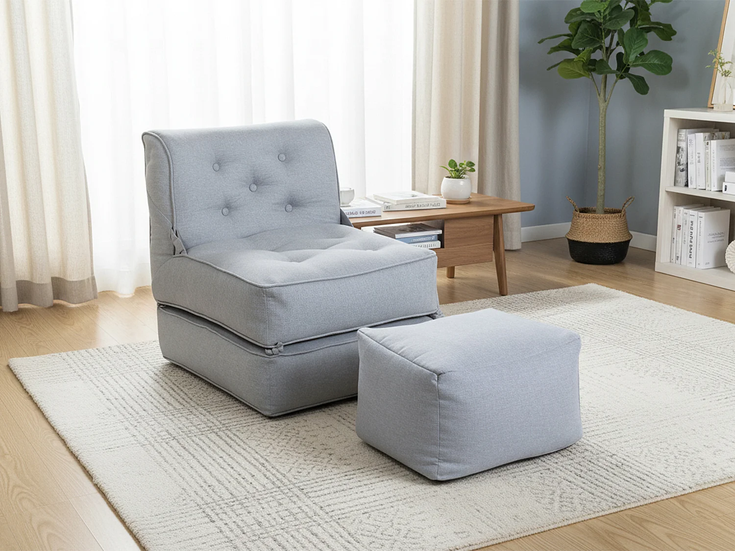 Fauteuil convertible chauffeuse avec repose-pieds en tissu gris clair ZONIRA