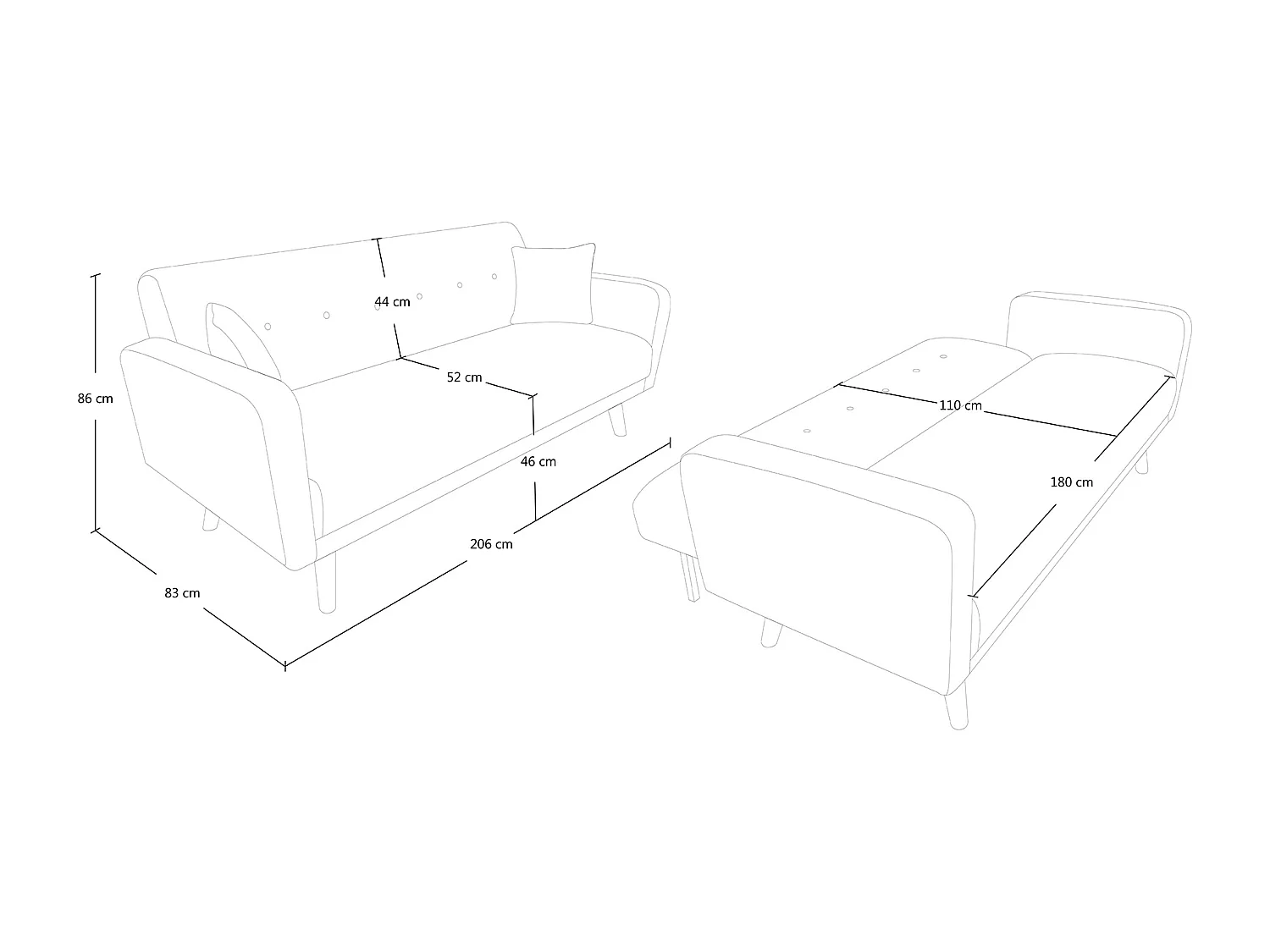 Divano letto clic clac in tessuto vellutato nero, divano 3 posti mod. Henry