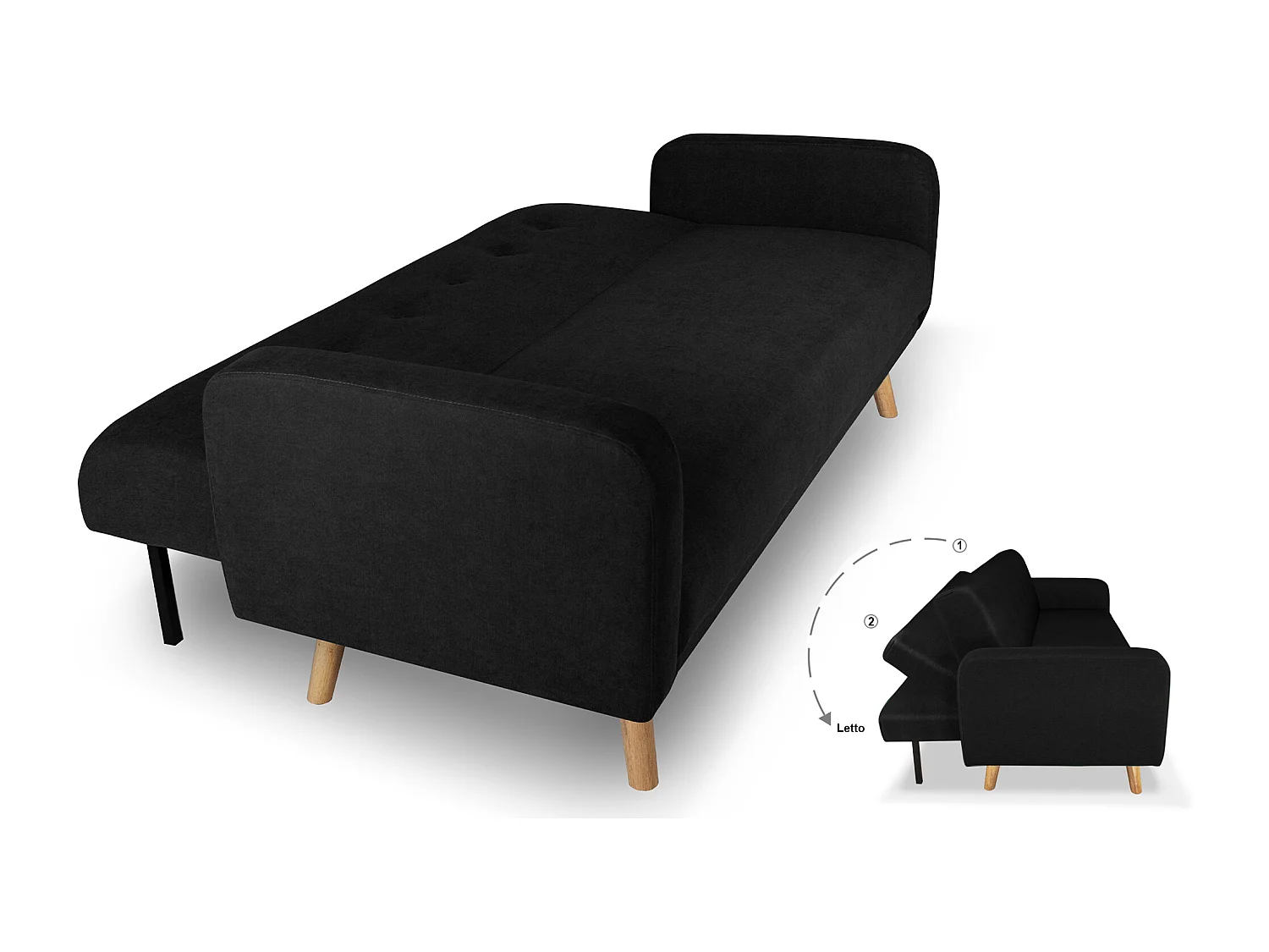 Divano letto clic clac in tessuto vellutato nero, divano 3 posti mod. Henry