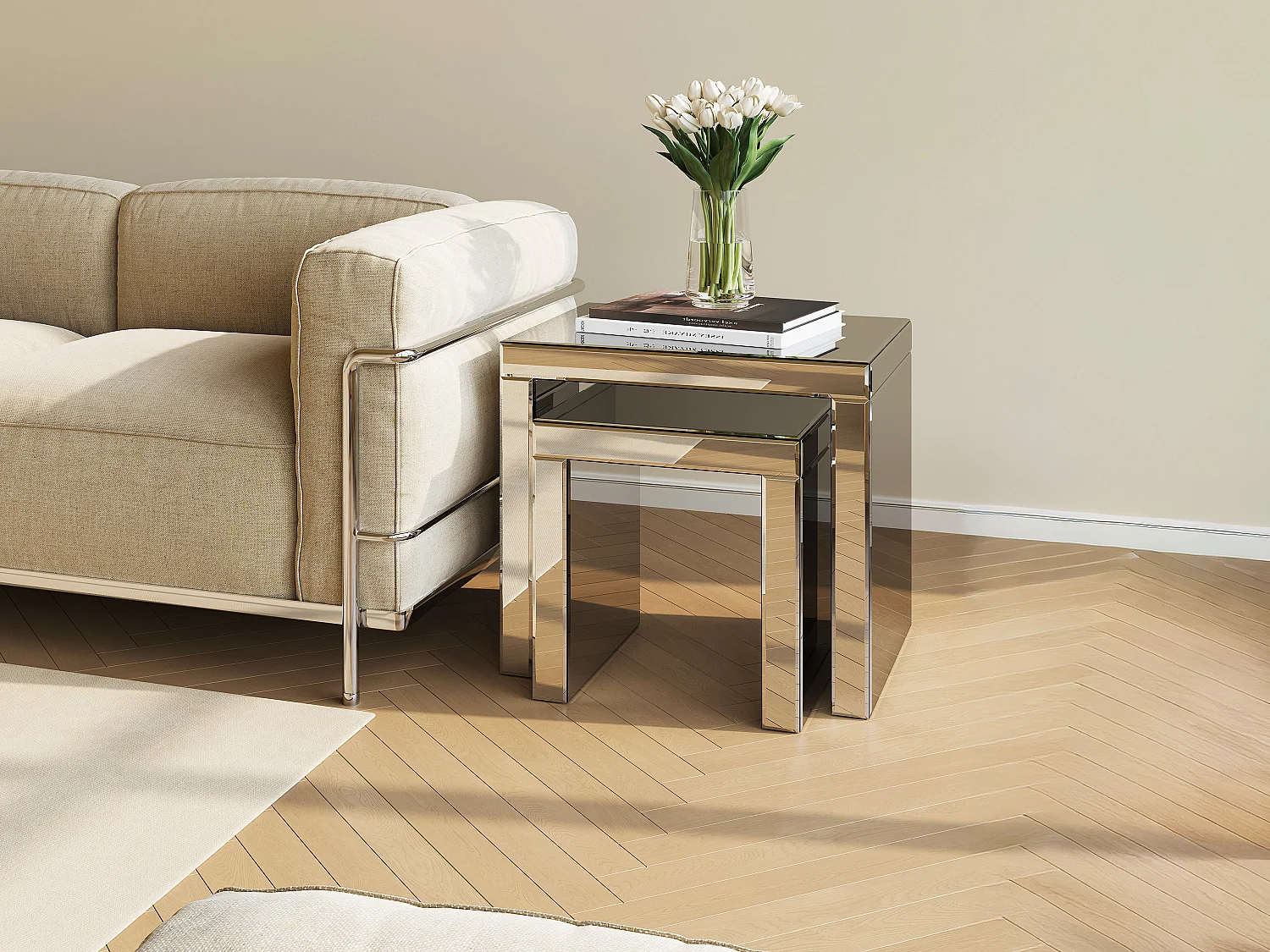 Lot de 2 tables basses en MDF et miroir - YERVINI