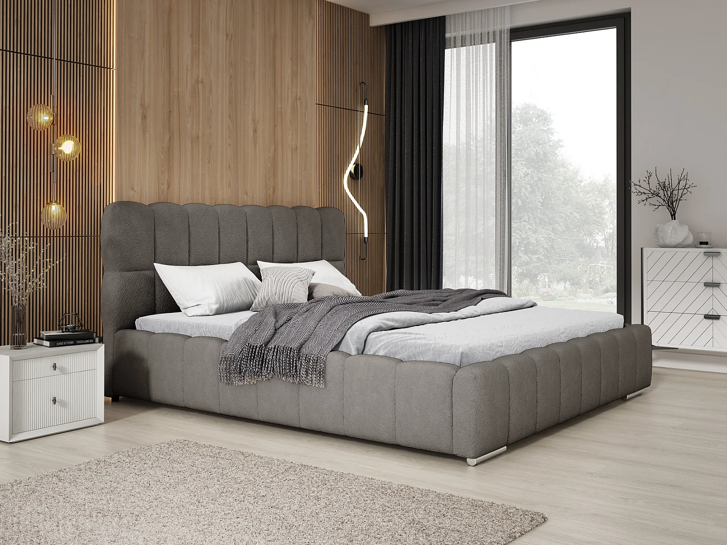 Emporius Avilla Polsterbett 180x200 - Doppelbett mit Bettkasten, Lattenrost, Kopfteil - Bett Bouclé Dunkelgrau (Anthology 18)