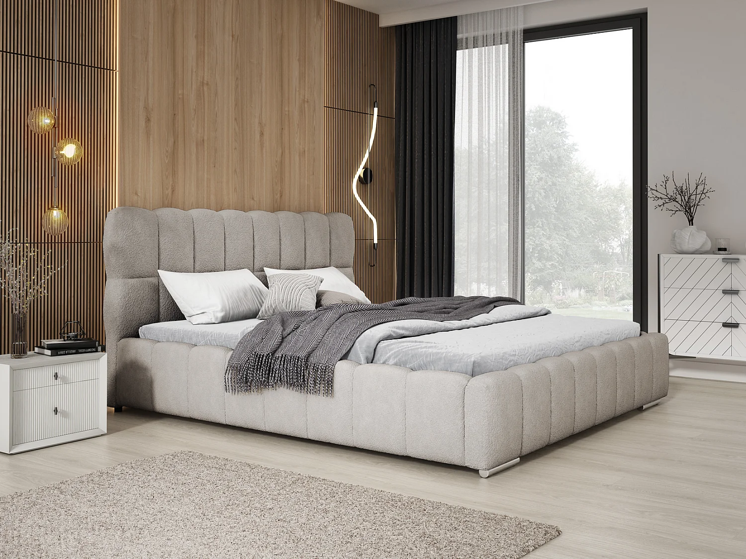 Emporius Avilla Polsterbett 180x200 - Doppelbett mit Bettkasten, Lattenrost, Kopfteil - Bett Bouclé Hellgrau (Anthology 15)