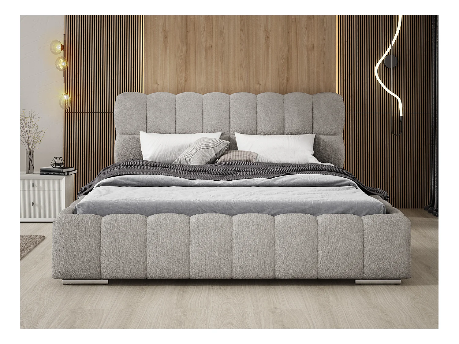 Emporius Avilla lit bouclé 180x200 avec sommier à Lattes, avec rangement - lit rembourré 180 x 200, lit Gris clair (Anthology 15)