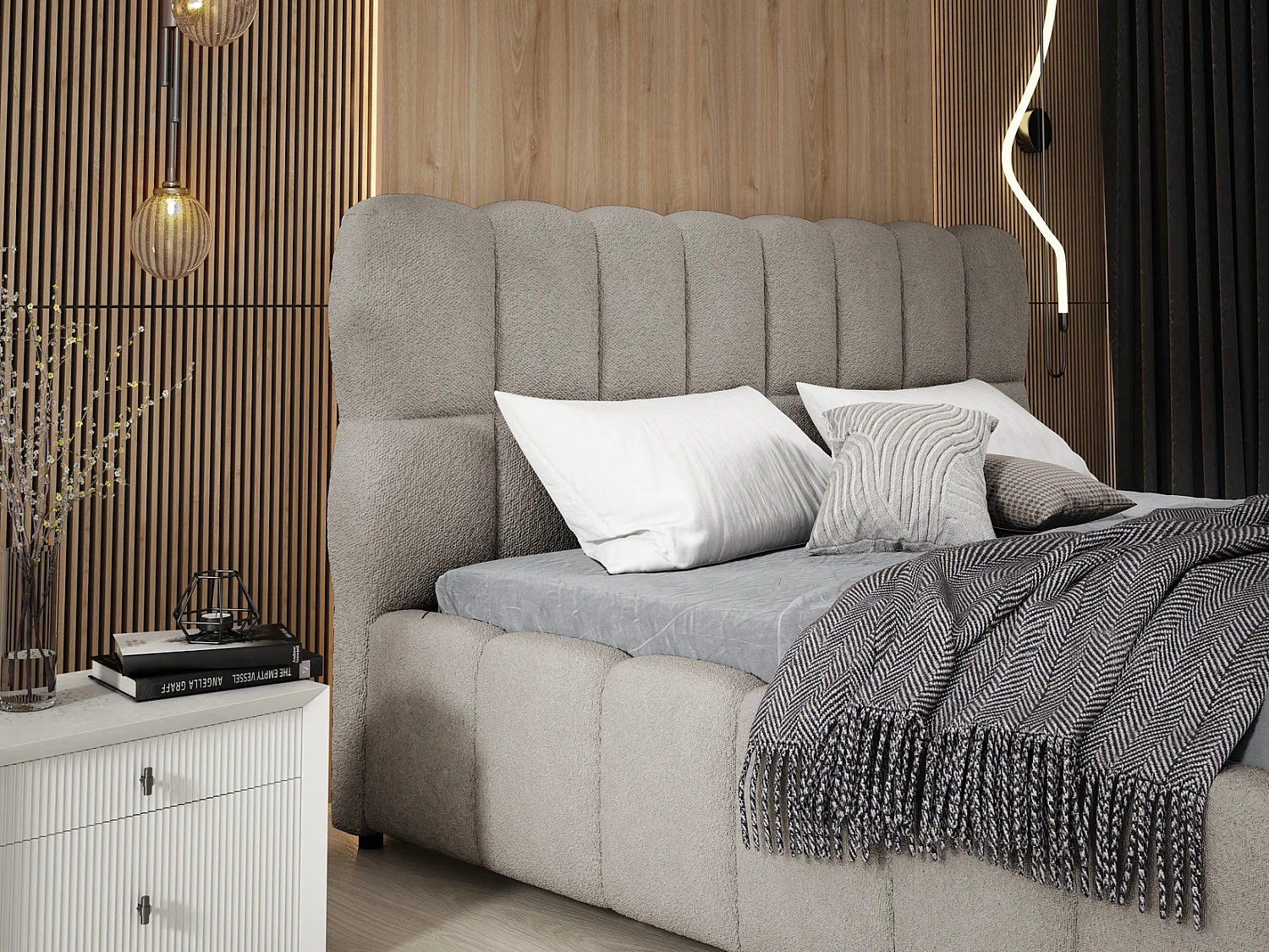 Emporius Avilla gestoffeerd bed bouclé 180 x 200 - tweepersoonsbed met opbergruimte, bed met bedlade - Lichtgrijs (Anthology 15)