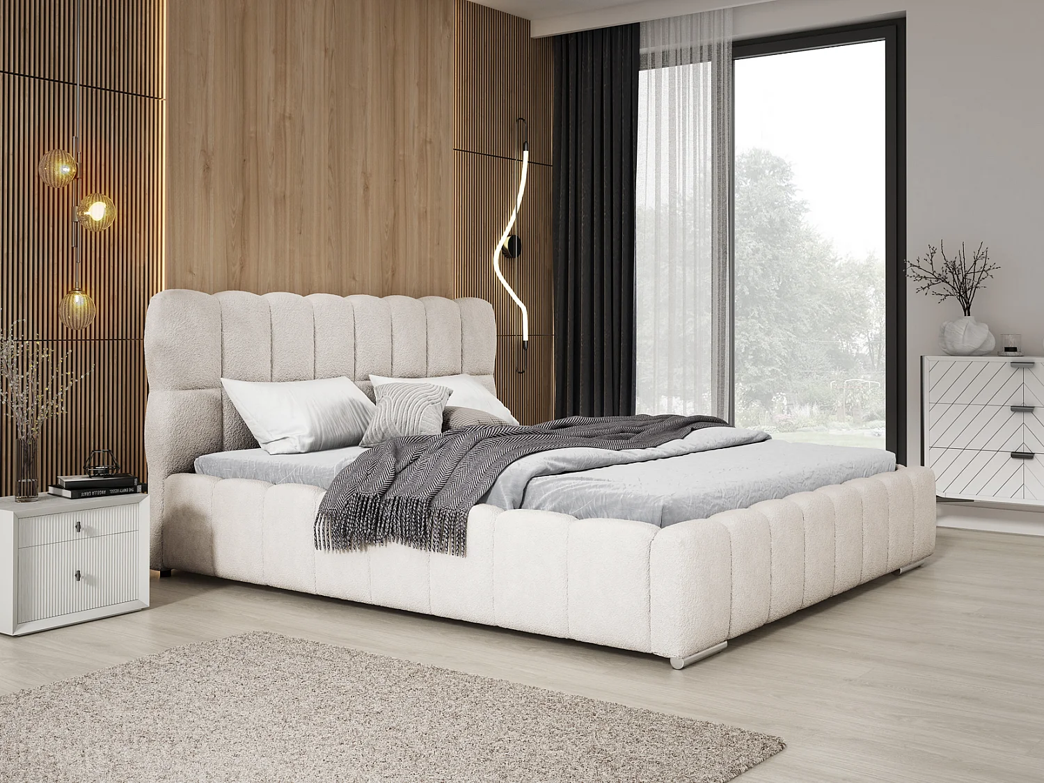 Emporius Avilla lit bouclé 200x200 avec sommier à Lattes, avec rangement - lit rembourré 200 x 200, lit Crème (Anthology 1)