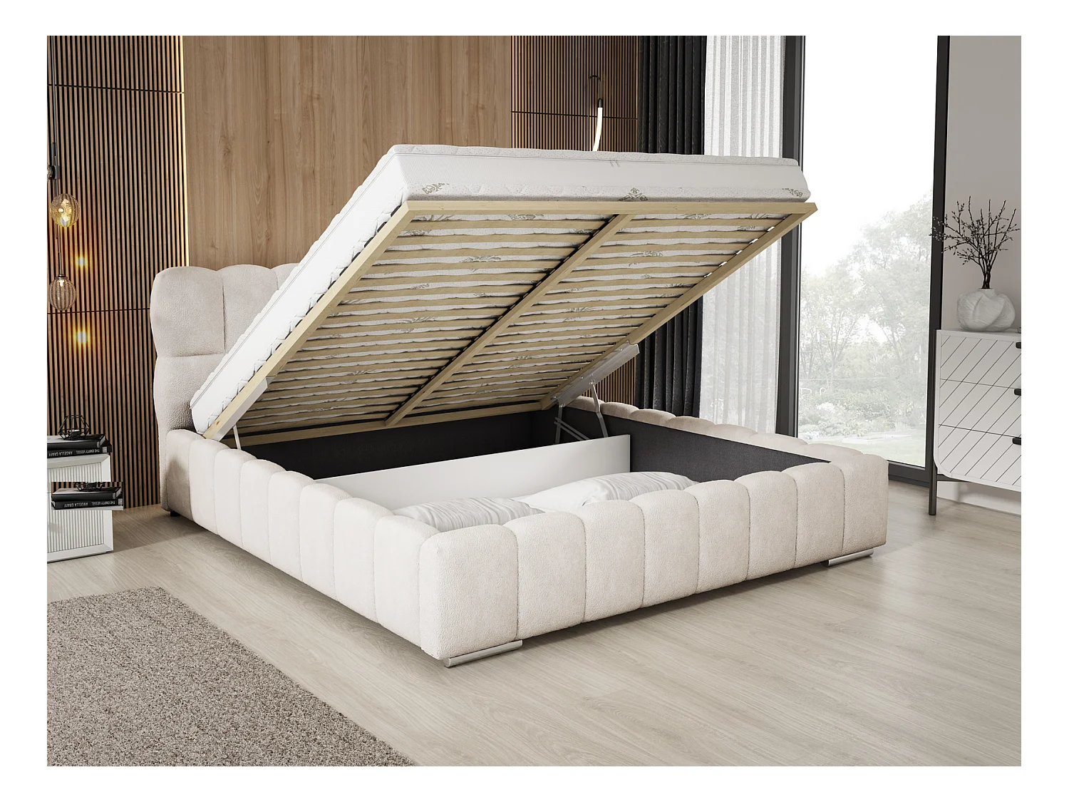 Emporius Avilla lit bouclé 200x200 avec sommier à Lattes, avec rangement - lit rembourré 200 x 200, lit Crème (Anthology 1)