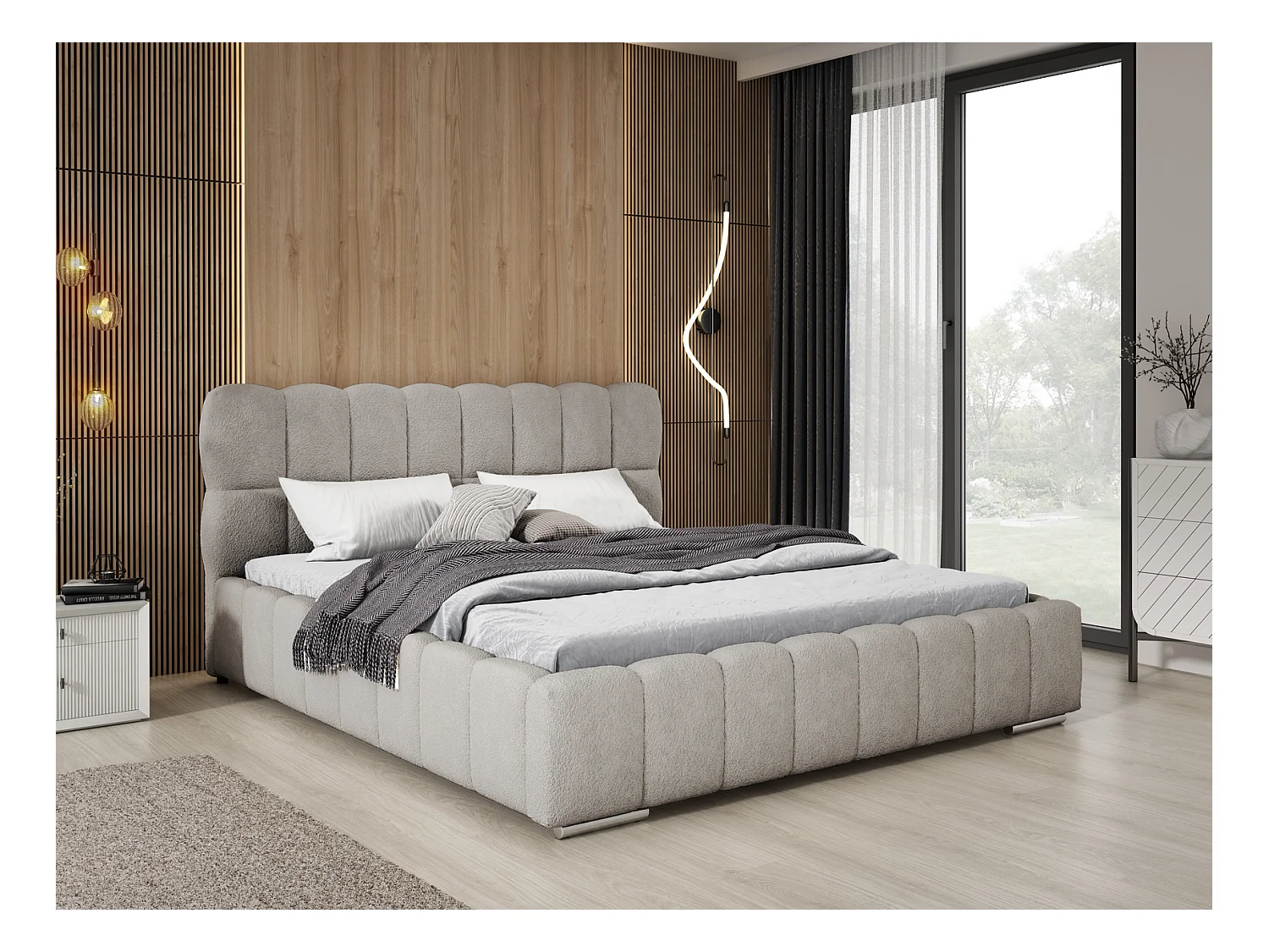 Emporius Avilla lit bouclé 160x200 avec sommier à Lattes, avec rangement - lit rembourré 160 x 200, lit Gris clair (Anthology 15)