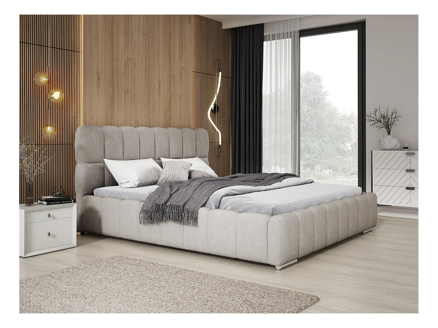 Emporius Avilla lit bouclé 160x200 avec sommier à Lattes, avec rangement - lit rembourré 160 x 200, lit Gris clair (Anthology 15)