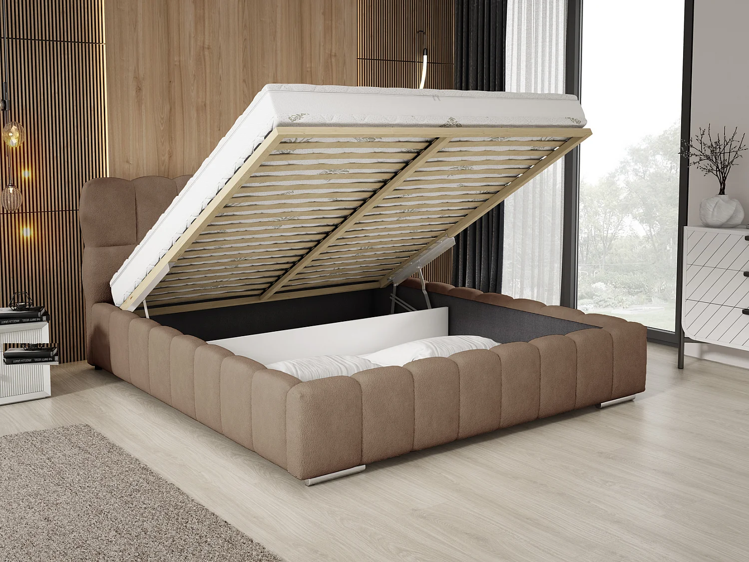 Emporius Avilla gestoffeerd bed bouclé 140 x 200 - tweepersoonsbed met opbergruimte, bed met bedlade - Bruin (Anthology 5)