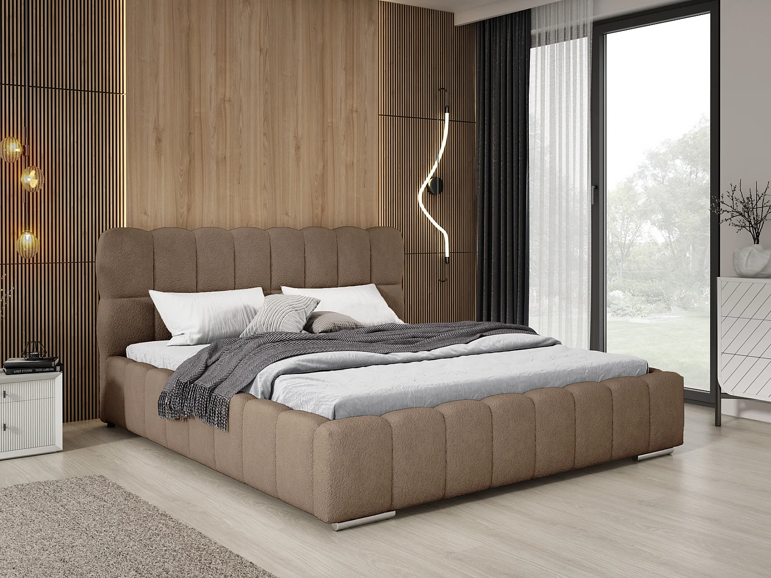 Emporius Avilla Polsterbett 140x200 - Doppelbett mit Bettkasten, Lattenrost, Kopfteil - Bett Bouclé Braun (Anthology 5)