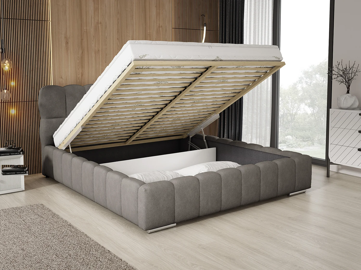 Emporius Avilla lit bouclé 140x200 avec sommier à Lattes, avec rangement - lit rembourré 140 x 200, lit Gris foncé (Anthology 18)