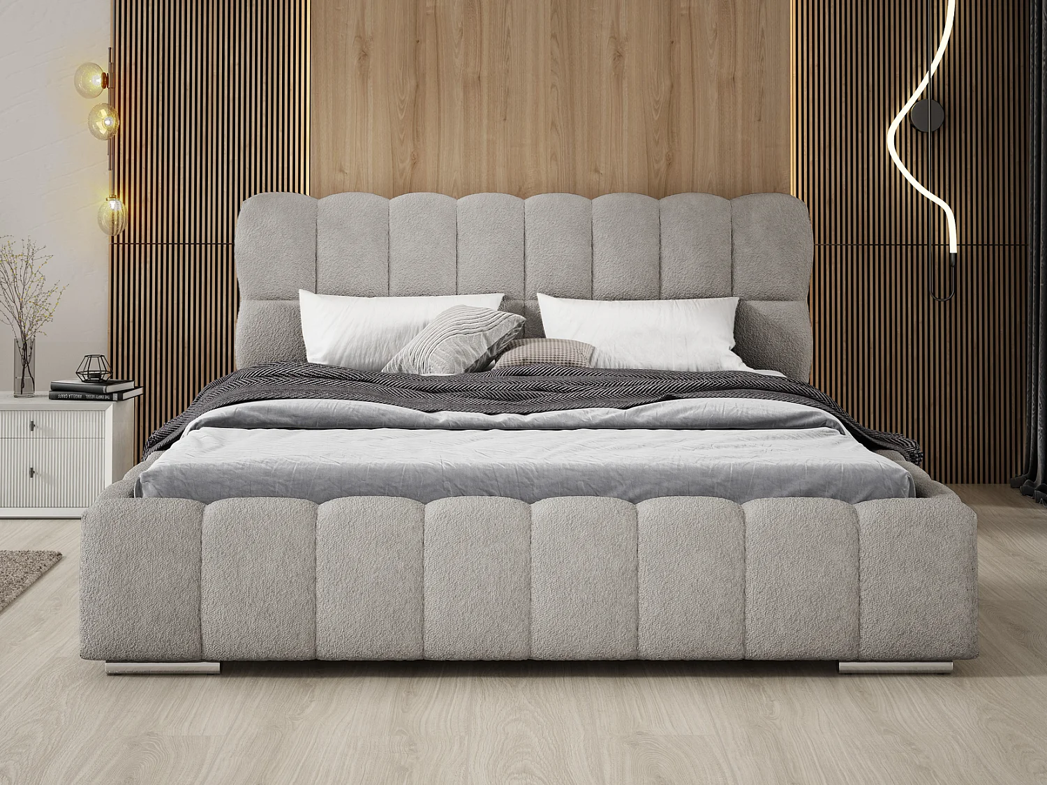 Emporius Avilla Polsterbett 200x200 - Doppelbett mit Bettkasten, Lattenrost, Kopfteil - Bett Bouclé Hellgrau (Anthology 15)