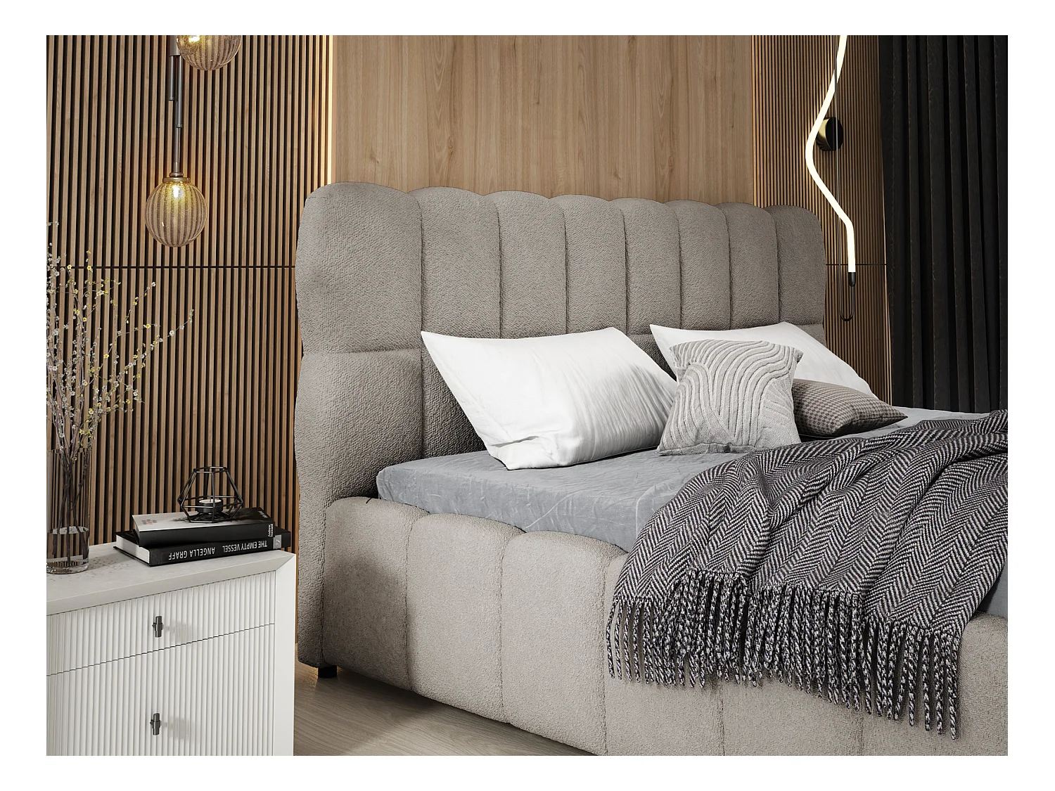 Emporius Avilla lit bouclé 200x200 avec sommier à Lattes, avec rangement - lit rembourré 200 x 200, lit Gris clair (Anthology 15)