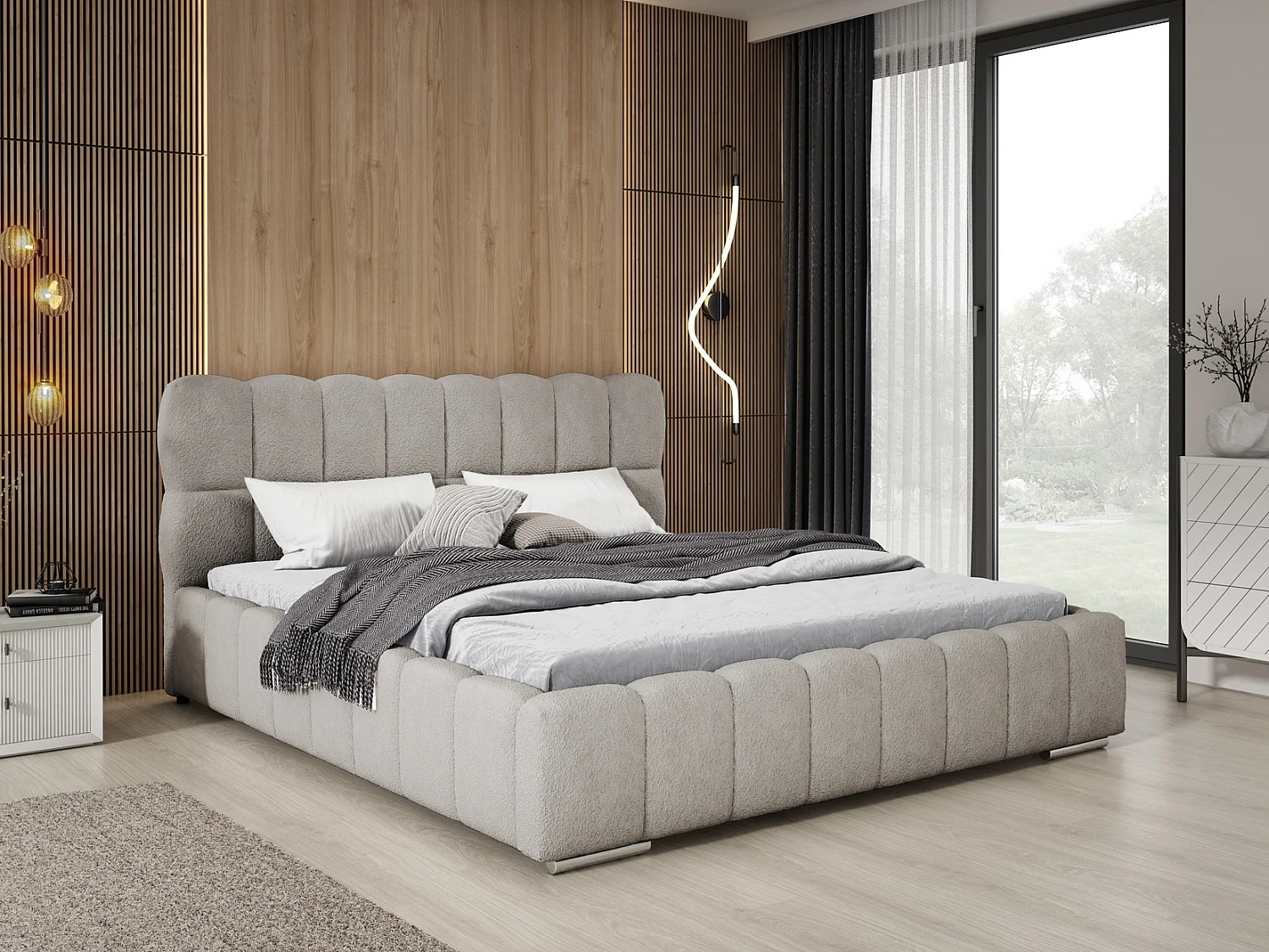 Emporius Avilla lit bouclé 200x200 avec sommier à Lattes, avec rangement - lit rembourré 200 x 200, lit Gris clair (Anthology 15)