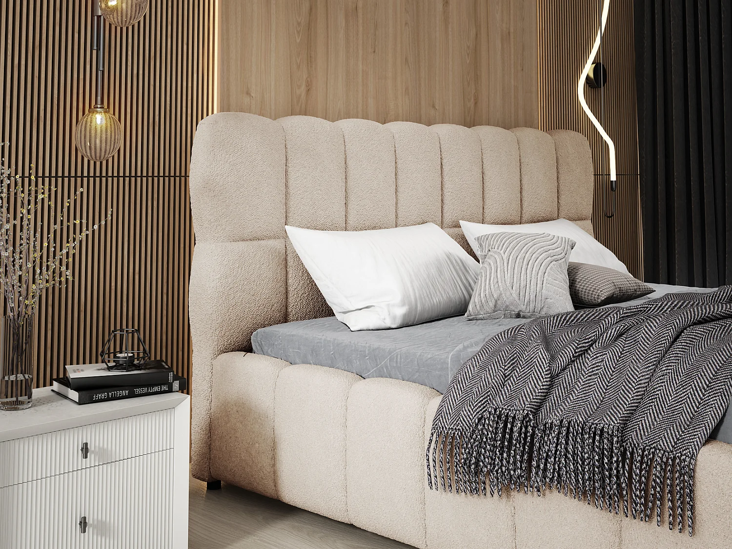 Emporius Avilla Polsterbett 200x200 - Doppelbett mit Bettkasten, Lattenrost, Kopfteil - Bett Bouclé Beige (Anthology 2)