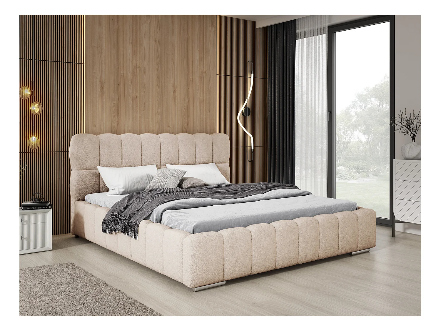 Emporius Avilla lit bouclé 200x200 avec sommier à Lattes, avec rangement - lit rembourré 200 x 200, lit Beige (Anthology 2)