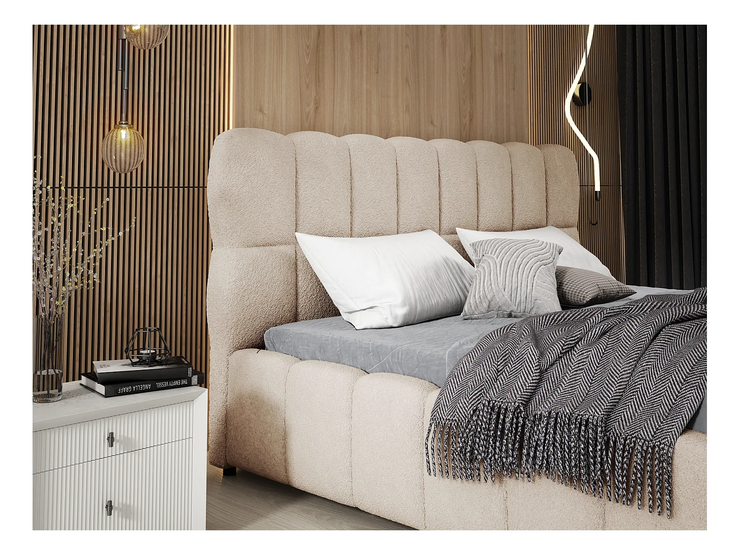 Emporius Avilla lit bouclé 200x200 avec sommier à Lattes, avec rangement - lit rembourré 200 x 200, lit Beige (Anthology 2)