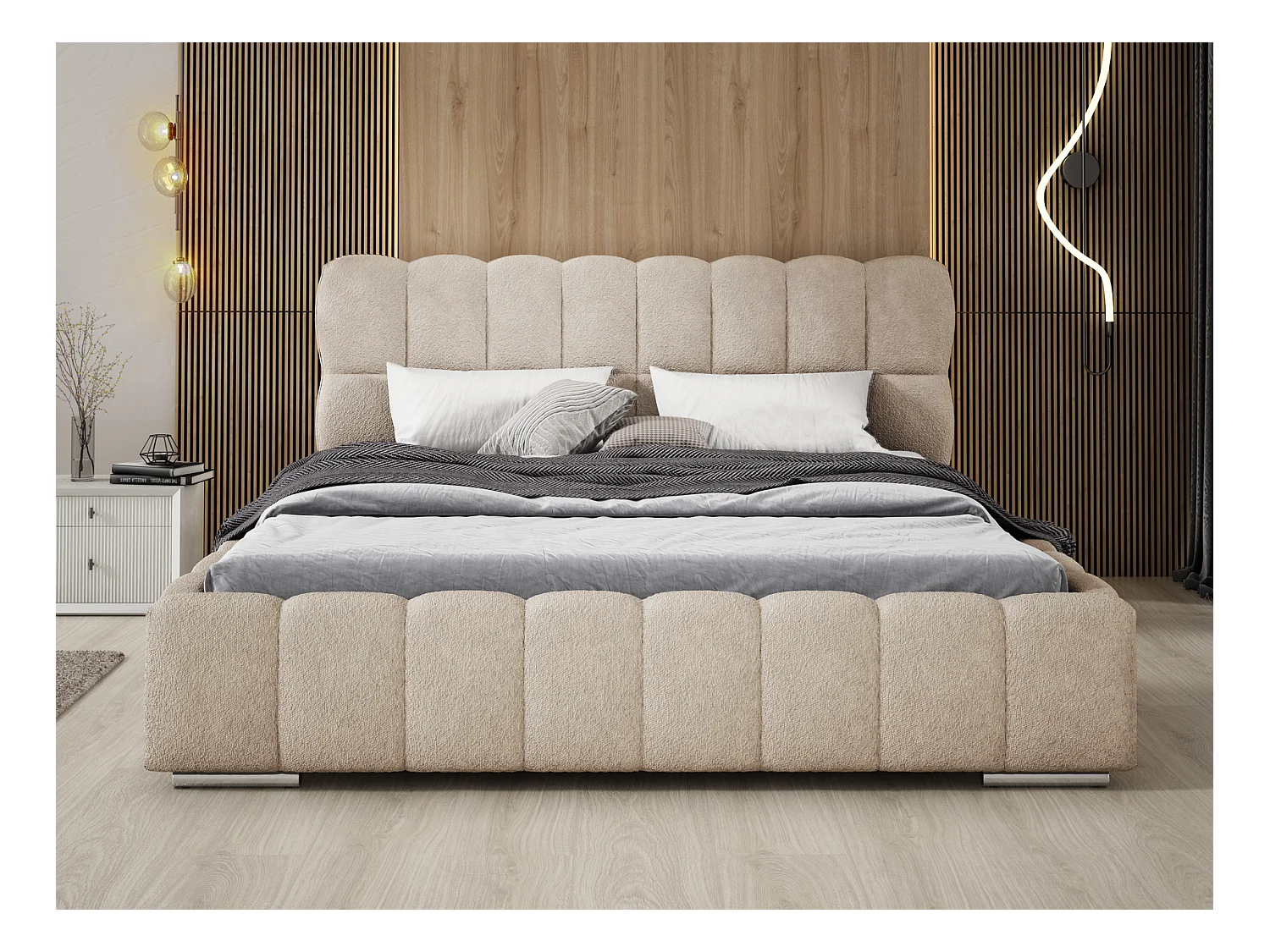 Emporius Avilla lit bouclé 200x200 avec sommier à Lattes, avec rangement - lit rembourré 200 x 200, lit Beige (Anthology 2)