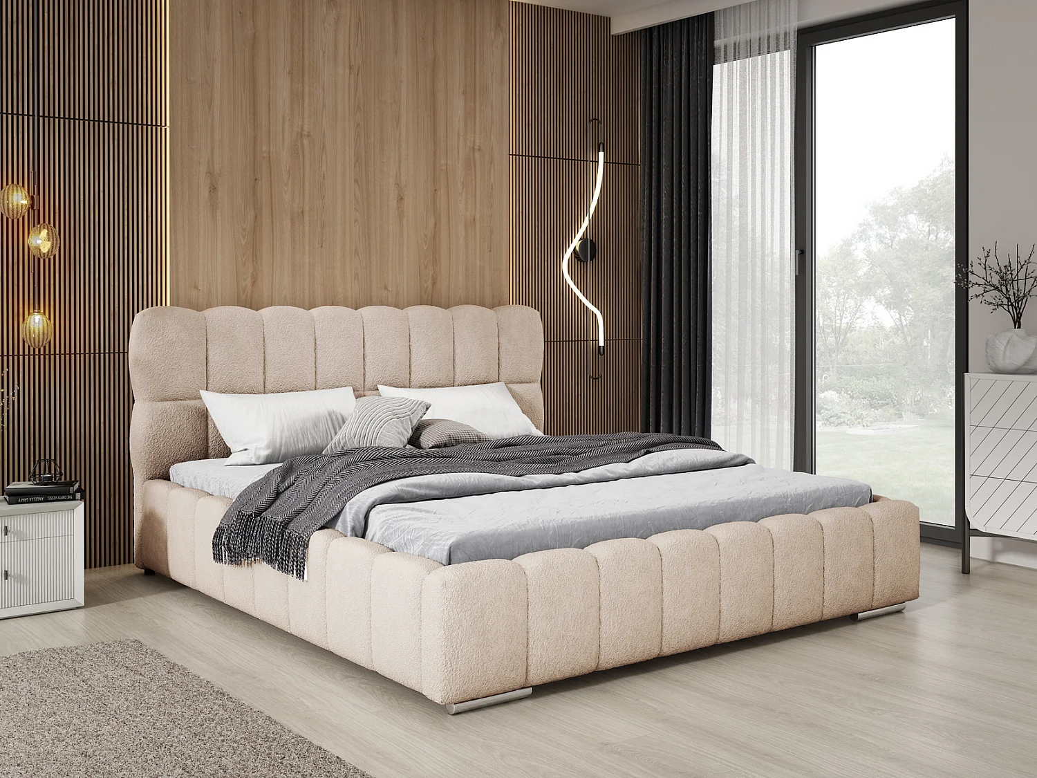 Emporius Avilla lit bouclé 200x200 avec sommier à Lattes, avec rangement - lit rembourré 200 x 200, lit Beige (Anthology 2)