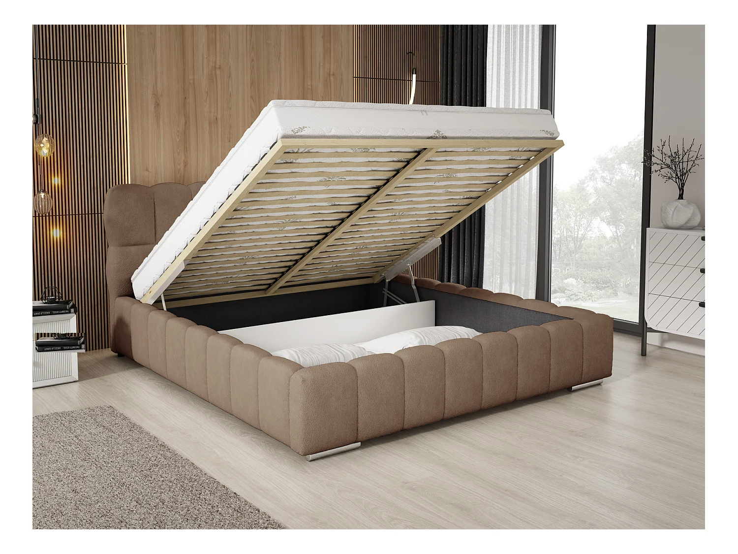 Emporius Avilla lit bouclé 180x200 avec sommier à Lattes, avec rangement - lit rembourré 180 x 200, lit Brun (Anthology 5)