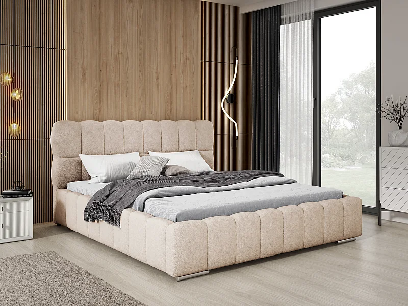 Emporius Avilla lit bouclé 160x200 avec sommier à Lattes, avec rangement - lit rembourré 160 x 200, lit Beige (Anthology 2)