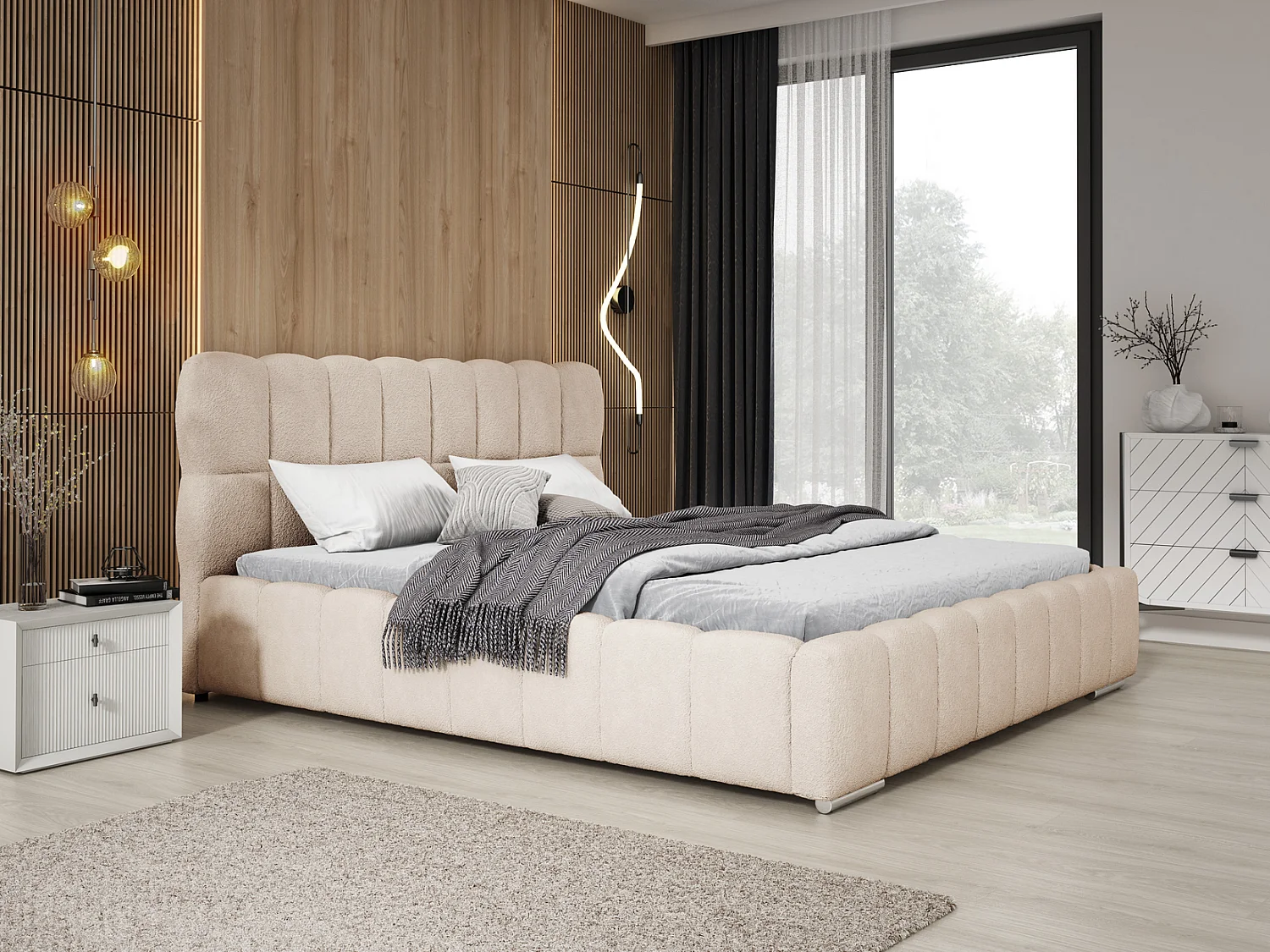 Emporius Avilla lit bouclé 160x200 avec sommier à Lattes, avec rangement - lit rembourré 160 x 200, lit Beige (Anthology 2)