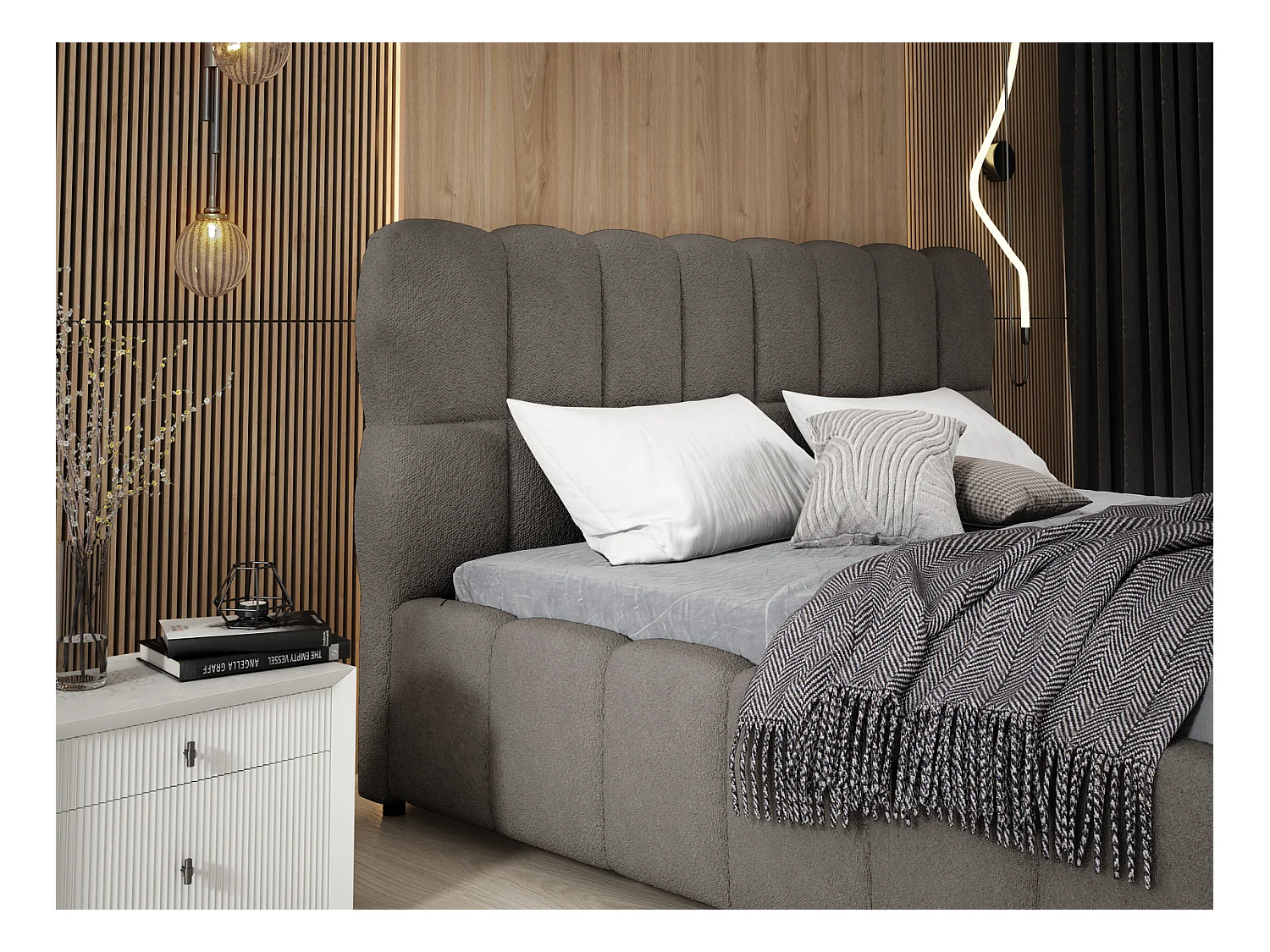 Emporius Avilla lit bouclé 200x200 avec sommier à Lattes, avec rangement - lit rembourré 200 x 200, lit Gris foncé (Anthology 18)