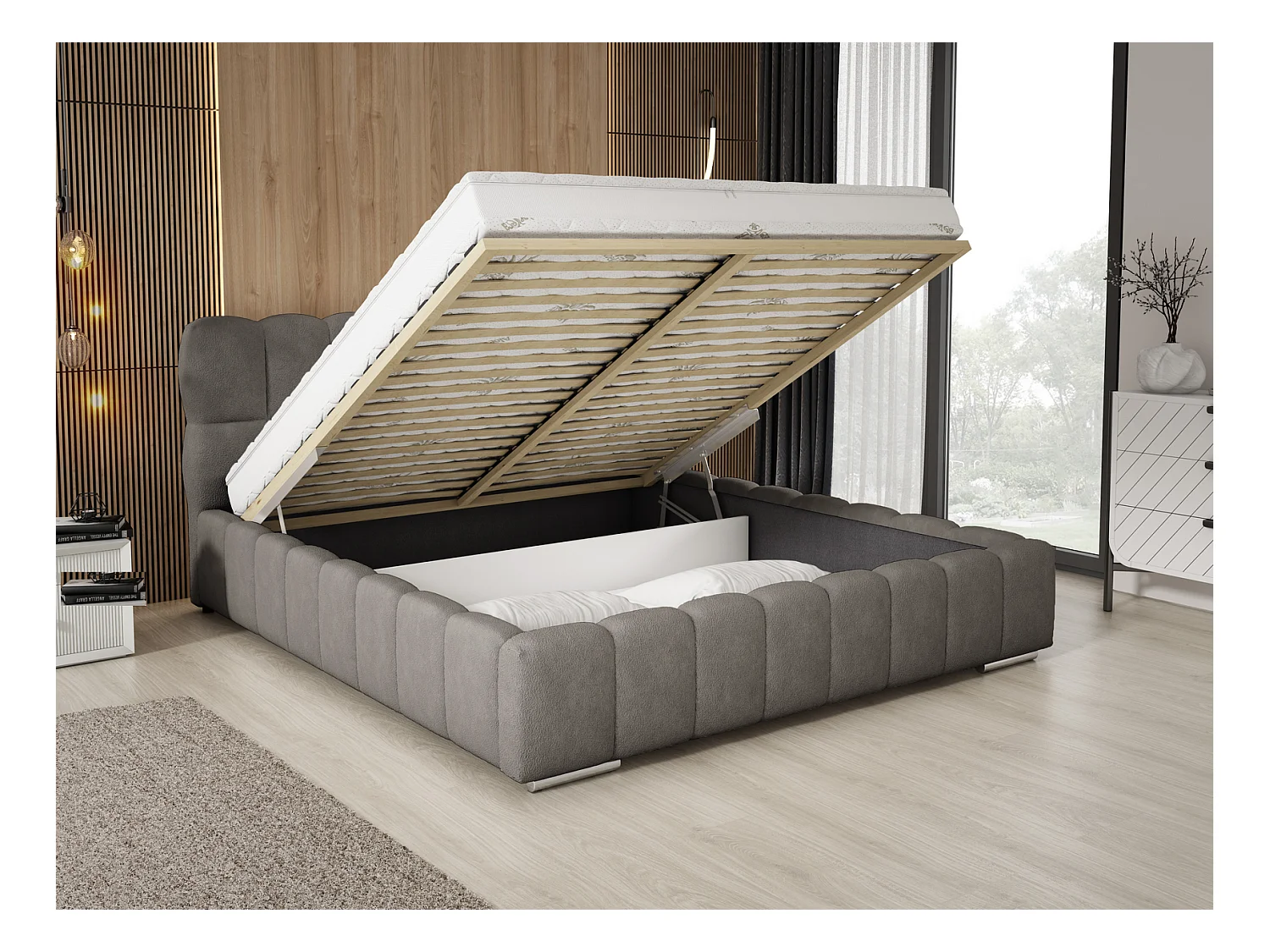 Emporius Avilla lit bouclé 200x200 avec sommier à Lattes, avec rangement - lit rembourré 200 x 200, lit Gris foncé (Anthology 18)